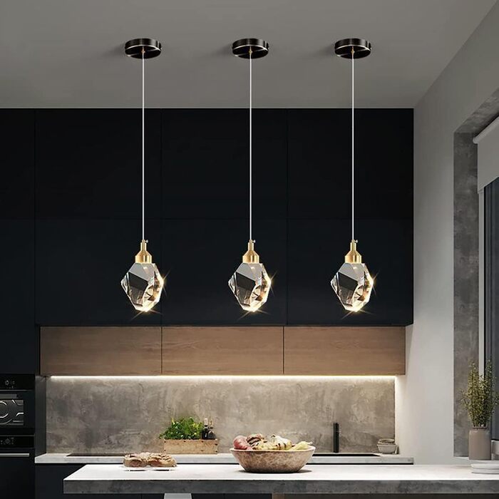Сучасна кришталева підвісна люстра з LED, 3 кольори, регульована висота, золота/чорна, для кухонного острова, спальні та їдальні
