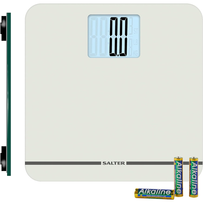 Електронна вага Salter 9075 WH3R Premium Max, скляна платформа, 250 кг, XL-дисплей, килимові ніжки, батарейки, біла