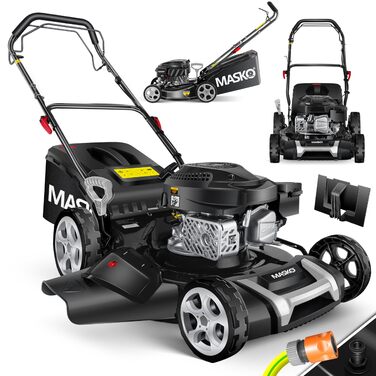 Бензиновий газонокосарка MASKO® 5in1 | Ширина косіння 51 см | 8 положень висоти косіння | 4-тактний OHV двигун 6.0 PS | 65 л травозбірник | Включно з набором для мульчування, бічний викид | Чорний/Сірий