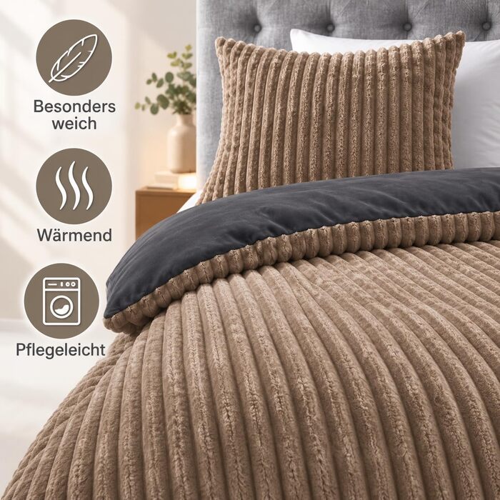 Комплект постільної білизни Leonado Vicenti Cashmere-Touch Teddy Plüsch, 2-частинний, 135x200 см, теплий зимовий фліс Coral Fleece, ефект вельвету, двосторонній (Коричневий - Антрацит)