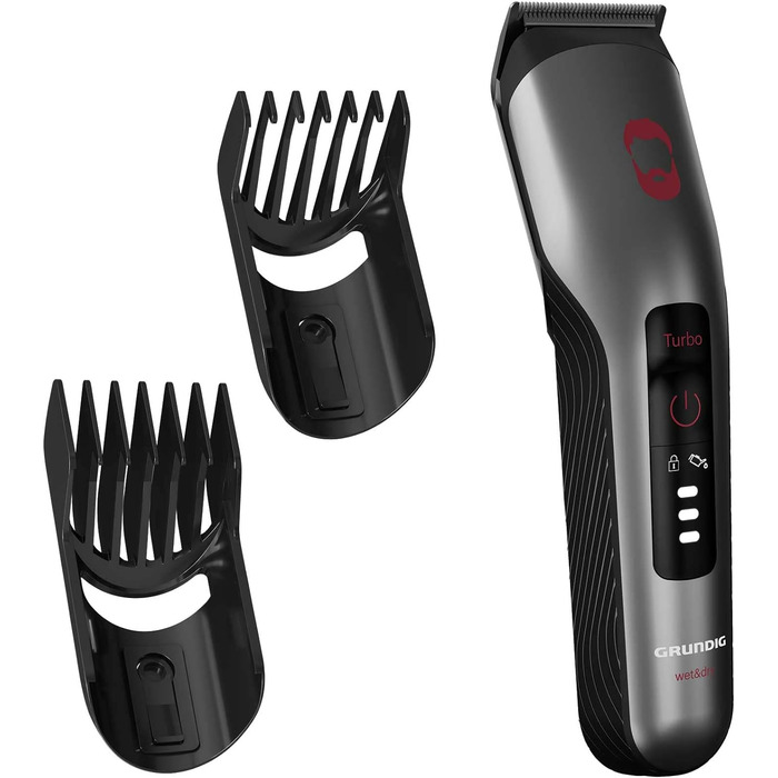 Машинка для стрижки волосся та бороди GRUNDIG ProClub MC 8030 з сенсором BeardCare, титановими лезами, 2 насадками, довгий час роботи, для вологого та сухого використання, темно-матовий хром/червоний