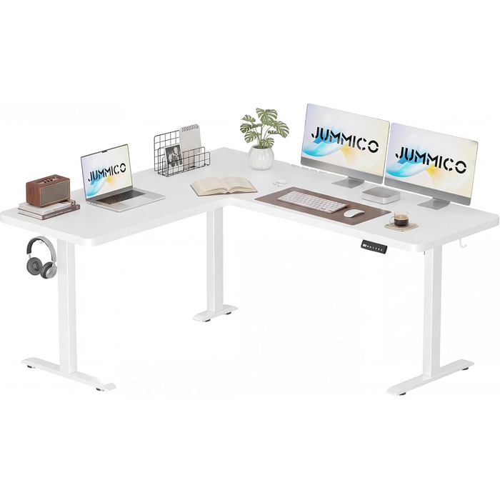 Регульований кутовий стіл JUMMICO L-подібний 160x140 см з пам'яттю висоти та кабельною організацією, білий - Ергономічний стіл для дому та геймінгу