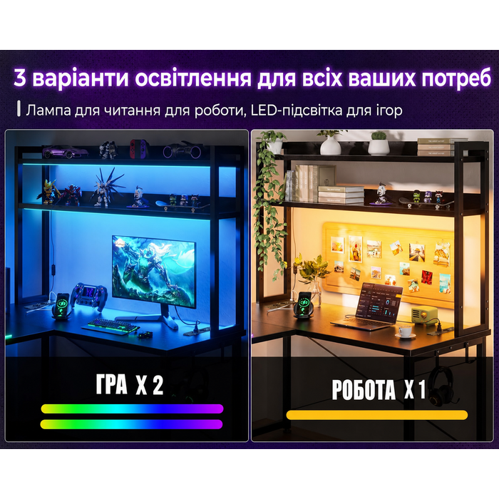 Ігровий стіл ODK L-подібний з LED-підсвіткою, 2 розетками та 2 USB-портами, кутовий письмовий стіл 150×120 см, чорний, із полицею та стелажем для зберігання