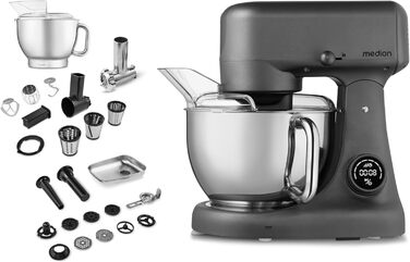 Кухонна машина MEDION MD 12600 Titan: м'ясорубка, 4.6 л чаша з нержавіючої сталі, 800 Вт, тихий двигун, сенсорне дисплею