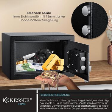 Сейф KESSER для меблів із подвійним борідковим замком, чорний, 30x20x20 см, сейф для грошей, настінний і підлоговий, 2 ключі, кріплення