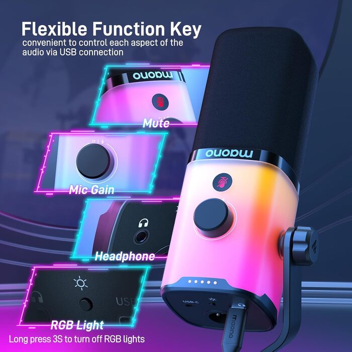 MAONO XLR/USB ігровий динамічний мікрофон з RGB підсвіткою, шумозаглушенням, кнопкою вимкнення звуку та регулятором гучності для подкастів і стрімінгу, з настільною підставкою PD100X