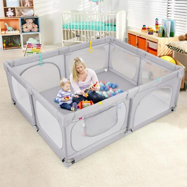 Манеж для немовлят COSTWAY 189x158 см з 50 кульками, 4 кільцями, 4 дверцятами на блискавці, дихаюча сітка, без матраца, світло-сірий