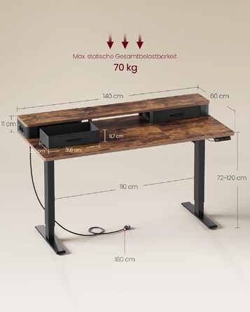 Електричний стіл VASAGLE з регулюванням висоти, 140x60x72-120 см, вінтажний коричневий LSD184KD02 - з підставкою під монітор, розетками та гачками