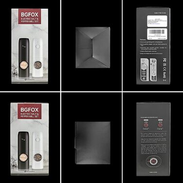 Електричні млини для солі та перцю BGFOX, 2 шт, з LED-підсвіткою, керамічний механізм, USB-зарядка, чорний і білий