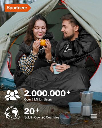 Спальний мішок Sportneer Outdoor у формі ковдри (220×85 см), чорний, температурний режим +10...+26 °C, з отворами для рук