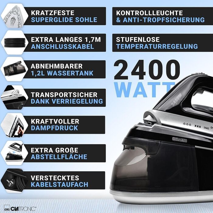 Парова прасувальна станція Clatronic DBS 3749, 2400 Вт, 3,5 бар, Superglide, резервуар 1,2 л, чорна, антикрапельна система