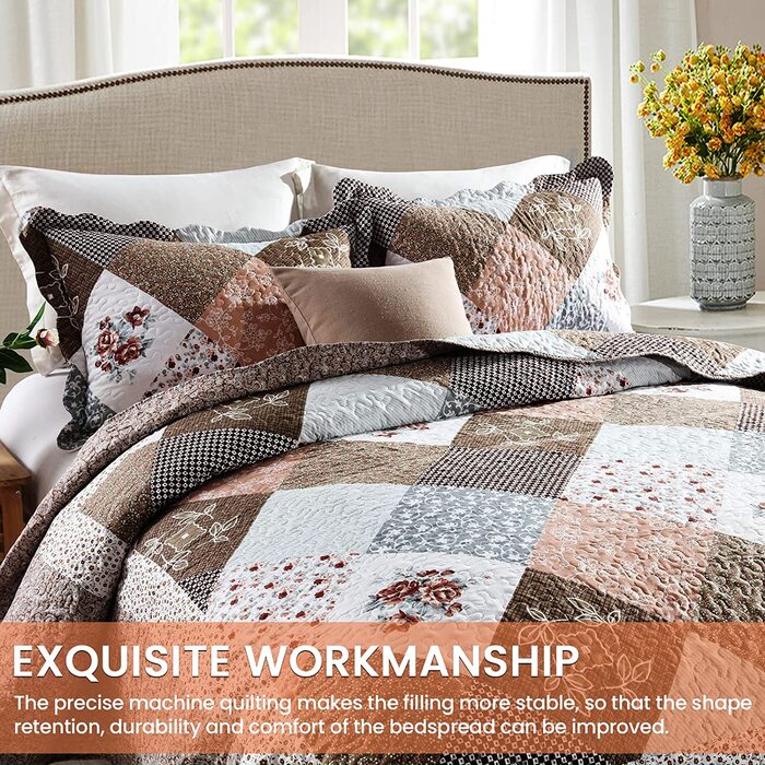 Покривало стьобане Qucover Patchwork 230x250 см для двоспального ліжка, комплект з 2 наволочками 50x70 см, зимовий, поліестер, двосторонній візерунок