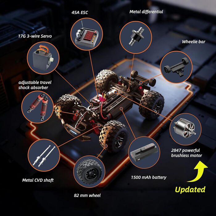 Радіокерований позашляховик Monster Truck 1:16 4WD 40 км/год, водонепроникний, з двома акумуляторами, чорний