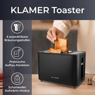 Тостер KLAMER з підставкою для булочок, 2-слотовий, 6 рівнів підсмажування, сенсорний дисплей, лоток для крихт, матовий чорний