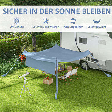 Водонепроникне сонцезахисне вітрило з навісом Outsunny Sunshade зі сталевими прутами, лопатою та сумкою для перенесення, для кемпінгу, подорожей, пікніків, синій