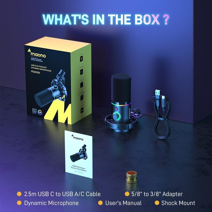 MAONO XLR/USB мікрофон для подкастів, динамічний ПК мікрофон для запису, стрімінгу, геймінгу та озвучки, металевий корпус, вбудоване ПЗ, кнопка вимкнення, роз'єм для навушників, регулятор підсилення, модель PD200X