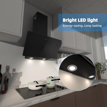 Похила витяжка для кухні FIREGAS 60 см, чорна, з LED-підсвіткою, безщеточним мотором та режимами відводу/рециркуляції повітря, клас енергоефективності A++