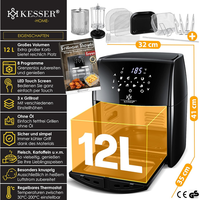 Аерофритюрниця KESSER XXL 9-в-1, 1800 Вт, чорна, гриль, дегідратор, 8 програм, без олії, з аксесуарами та рецептом