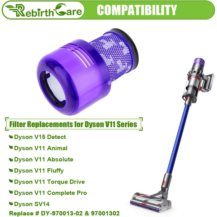 Комплект з 3 фільтрів Rebirthcare для пилососів Dyson V11 SV17 SV14 SV22 Absolute, Pro, Animal, Torque Drive, Total Clean, змінний HEPA фільтр, сумісний з Dy-970013-02, 97001302, V11-3pcs