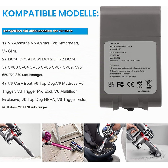 Акумулятор LabTEC DC62 21.6V 4000mAh для пилососів Dyson V6 DC58 DC59 DC61 DC62 DC72 DC74 SV03 SV04 SV05 SV06 SV07 SV09
