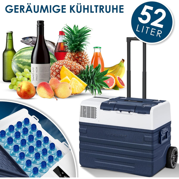 Автомобільний компресорний холодильник KESSER® 42л з Wi-Fi, 12/24/230V, до -20°C, з колесами та телескопічною ручкою для кемпінгу, фургону, вантажівки, човна + 2 акумулятори холоду (синій)