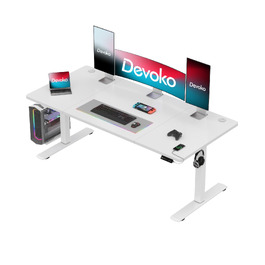 Електричний підйомний стіл Devoko 160x70 см, білий — Регульований комп'ютерний стіл для роботи сидячи та стоячи з USB-портами