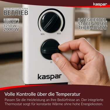 Електричний конвектор Kaspar 2000 Вт з термостатом, обігрівач повітря, білий
