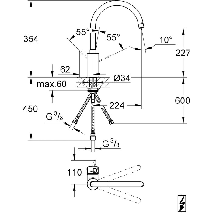 Змішувач кухонний GROHE Eurosmart Cosmopolitan високий, поворотний 360°, економний, хром (31180000)