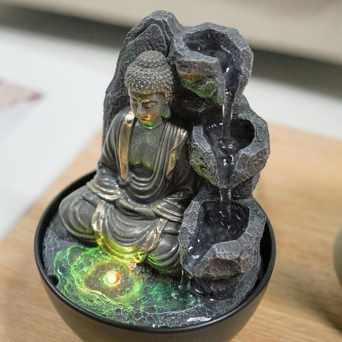 Декоративний кімнатний фонтан Будда з LED-підсвіткою, водоспад, Zen Feng Shui, Revata Zen'Light, 18 см – подарунок для дому, талісман на удачу