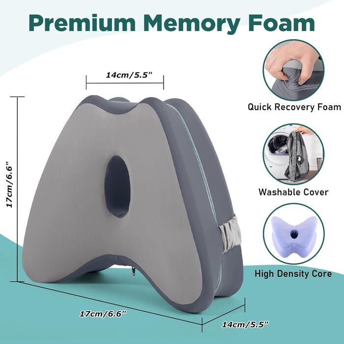 Ортопедична подушка між колін Dioxide для сну на боці з ефектом пам'яті (Memory Foam) для зняття болю в попереку, стегнах та суглобах, знімний чохол, темно-сіра