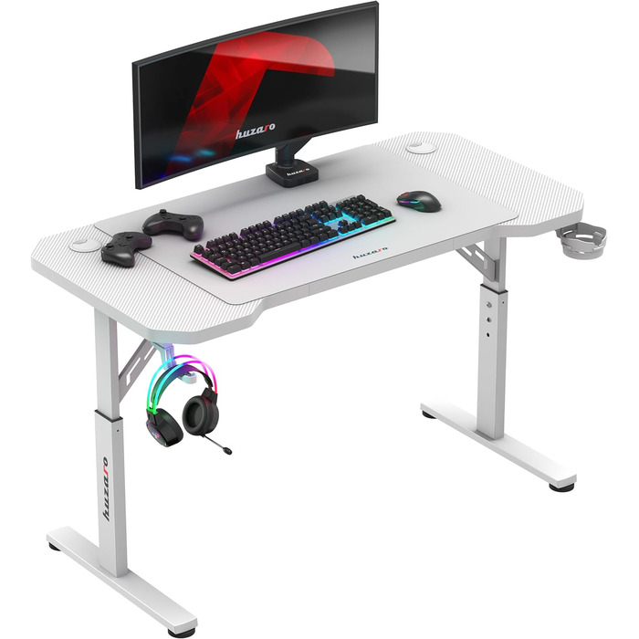 Ігровий стіл Huzaro Hero 2.6 білий, 120x60 см, метал, 3 рівні, з підставкою для навушників і напоїв, кабель-менеджмент, з килимком для миші