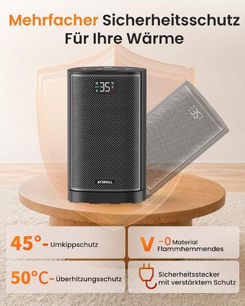 Кварцевий електричний обігрівач Ateroll 2000W, компактний енергоощадний тепловентилятор з 3 режимами роботи, чорний квадратний