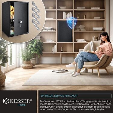 Сейф KESSER для меблів з двобортовим замком, чорний XL, 50x35x31 см, сейф для грошей, настінний/підлоговий, 2 ключі та кріплення