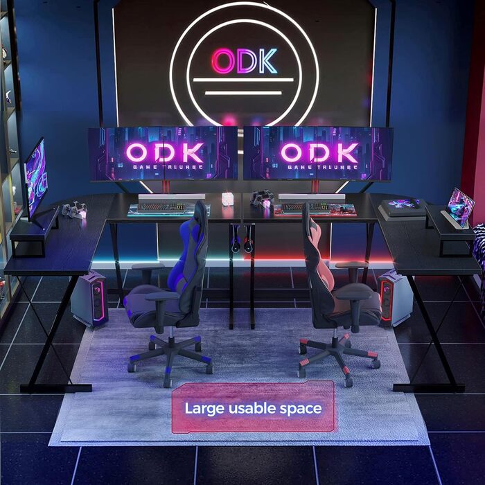Ігровий L-подібний стіл ODK з підставкою для монітора, 127 x 127 x 75 см, комп'ютерний стіл для дому та офісу, чорний