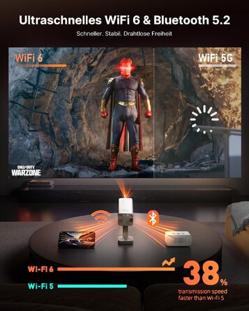 Smart проектор 4K VOPLLS Heimkino: Netflix, 30000 люмен, WiFi 6, Bluetooth, FHD 1080P, Автофокус, Корекція трапеції, Золотий