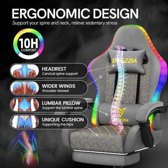 Ігровий крісло Bigzzia з RGB LED підсвічуванням - ергономічне геймерське крісло з підтримкою попереку та підніжкою, регульоване та поворотне, з PU-шкіри, 150 кг, сірий
