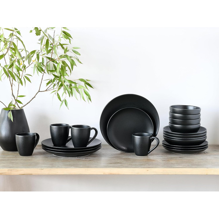 CreaTable Magic Black набір посуду 20 предметів з кам'яної кераміки, комплект тарілок і чашок, підходить для посудомийної машини та мікрохвильової печі, вироблено в Португалії