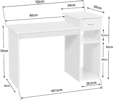 Стіл для комп'ютера Yaheetech 112x82x50 см, білий, з висувною шухлядою та 2 полицями з МДФ, офісний письмовий стіл