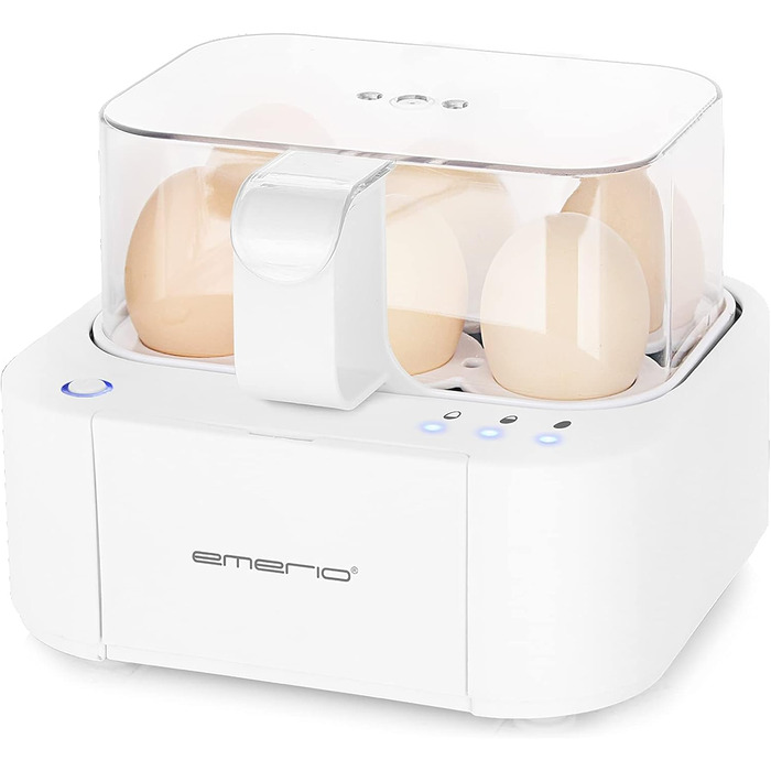 Електрична яйцеварка Emerio EB-115560, 3 рівні приготування, голосове повідомлення, інноваційний дизайн, біла, модель 2022, для яєць будь-якої консистенції (німецька мова)