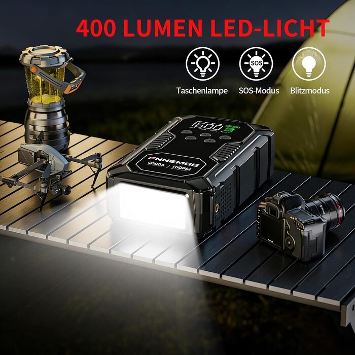Пусковий пристрій (бустер) FNNEMGE 26800mAh 9000A з компресором 160PSI для авто 12V (бензин та дизель до 12.0L), Powerbank з LCD-екраном та LED-ліхтарем