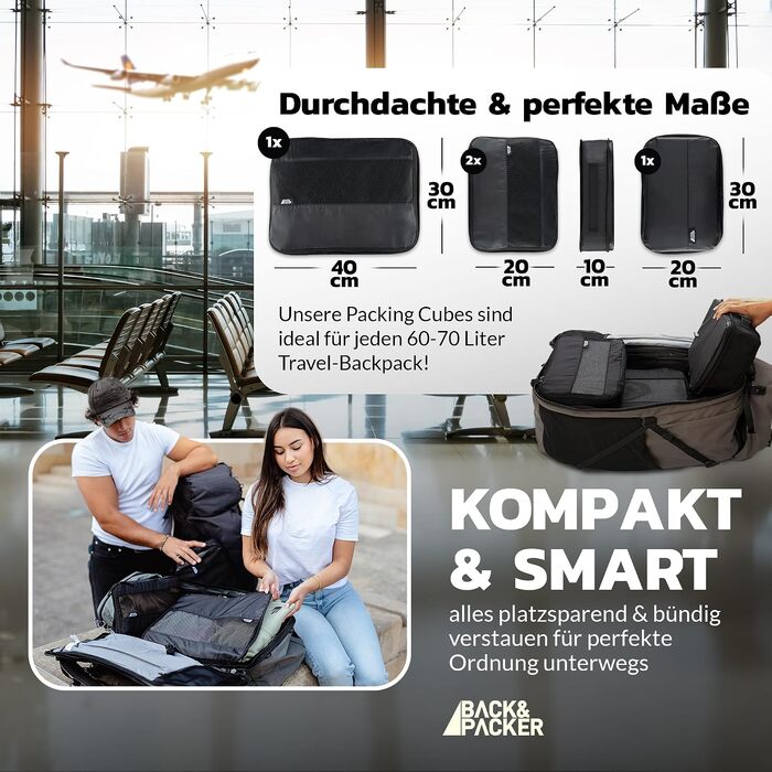 Набір компресійних органайзерів для одягу BACK&PACKER® (6 предметів) — дорожні пакувальні куби з перероблених матеріалів для валізи та рюкзака, чорний