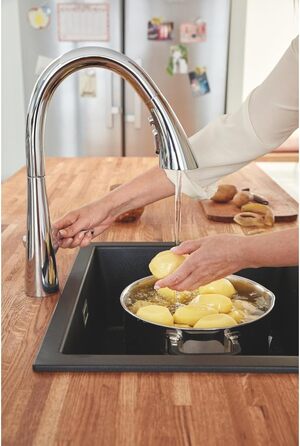 Змішувач кухонний GROHE Zedra з висувним душем, 3 режими, Supersteel, економія води