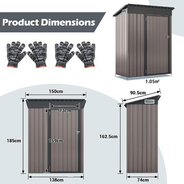 Металевий садовий будиночок COSTWAY 150x90,5x185 см, 1,5 м³, з односхилим дахом та дверима, замиканий, для інструментів, сірий