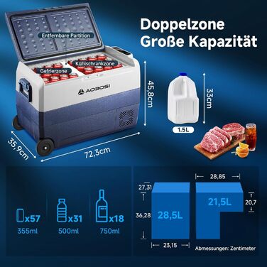 Автомобільний компресорний холодильник AAOBOSI 50л з Wi-Fi, 12/24V/220V, -20°C для авто, кемпінгу, вантажівок, з двома зонами охолодження