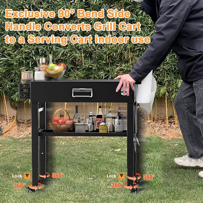 Мобільний гриль-візок для Ninja Woodfire, Weber, Blackstone, Nexgrill, Traeger та інших грилів, візок для гриля з колесами та тримачем для паперових рушників (86 см)