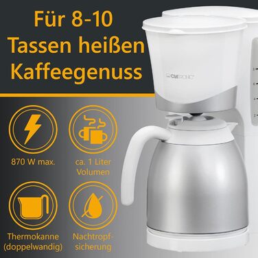 Кавоварка Clatronic KA 3327 з термокухлем, фільтраційна, 1 л, 8-10 чашок, авто-вимкнення, біла