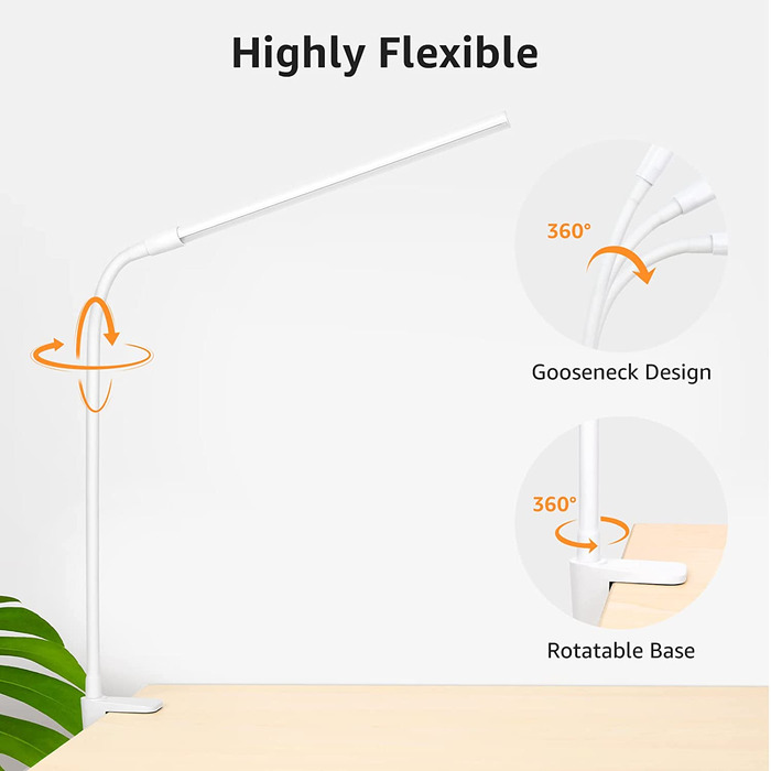 Lepro LED настільна лампа з кліпсою, архітекторська лампа зі згинаним кронштейном, настільна лампа з USB, захистом для очей, 3 кольори та 10 рівнів яскравості, для офісу, біла