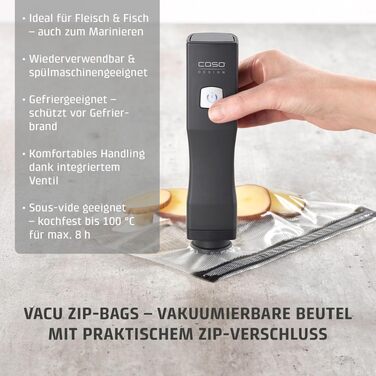 Акумуляторний вакууматор CASO Vacu OneTouch Eco-Set з 3 скляними контейнерами, 10 ZIP-пакетами та стікерами Food Manager, чорний