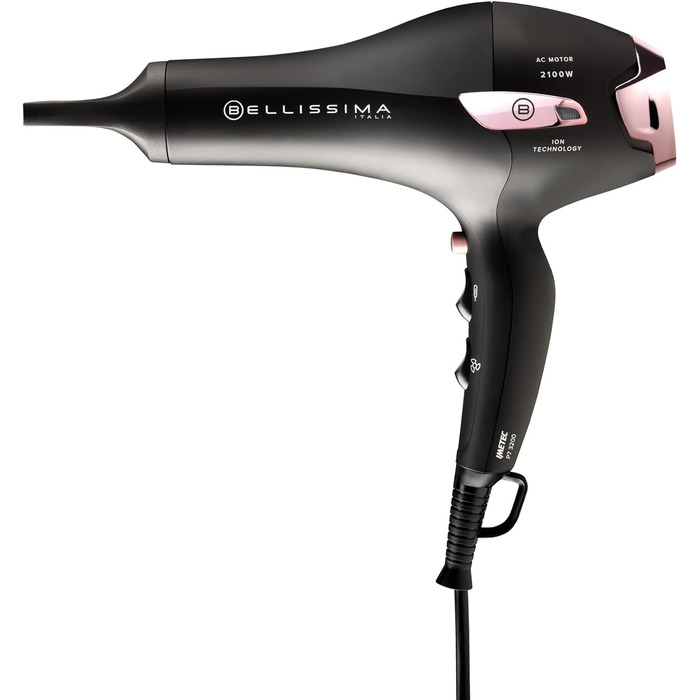 Фен Bellissima P7 3200 з іонізацією, 2100 Вт, професійний мотор, 2 швидкості, 3 температури, насадка-дифузор для локонів, холодне повітря, підсвічування, дорожній футляр, кабельний затискач