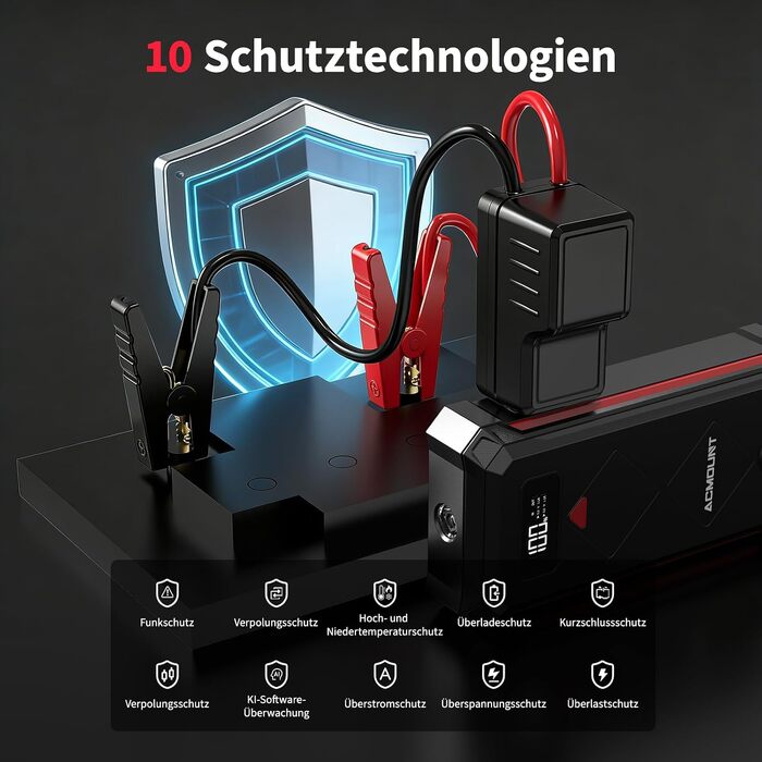 Бустер-пусковий пристрій Acmount P110 7000A Jump Starter для авто, SUV, мотоциклів та газонокосарок (бензин до 12л, дизель до 10л) з LED-ліхтарем, компасом та аварійним молотком, червоний